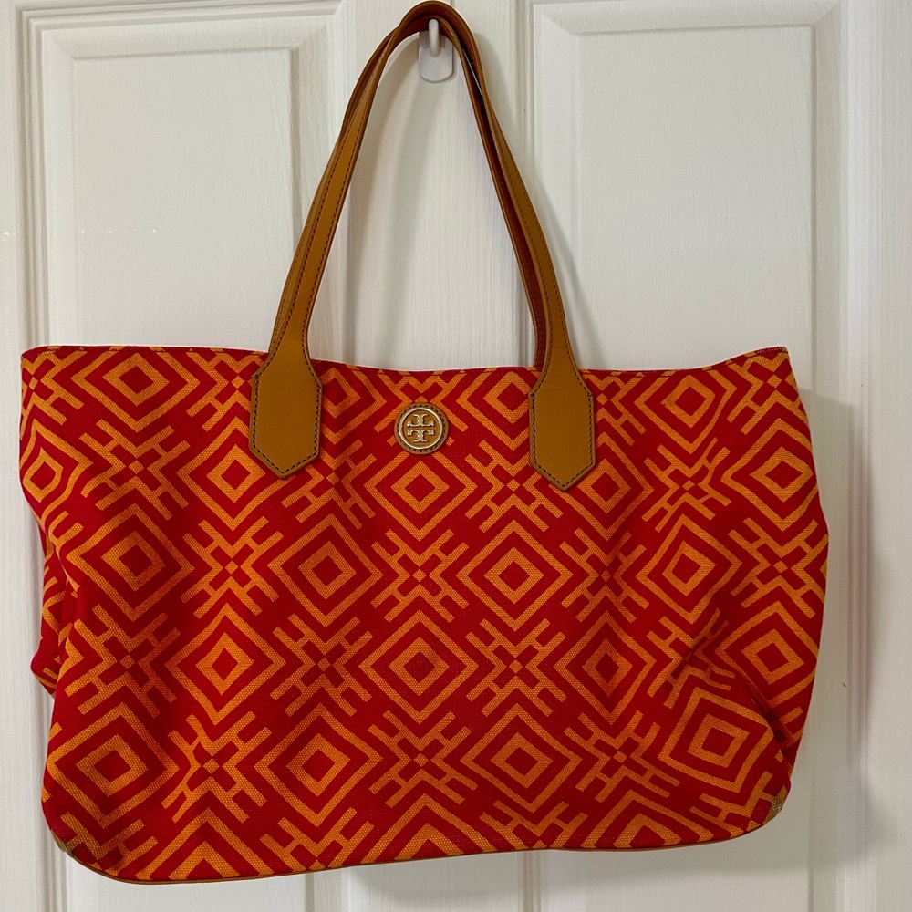 Tory Burch Geometric Red and Gold Tote